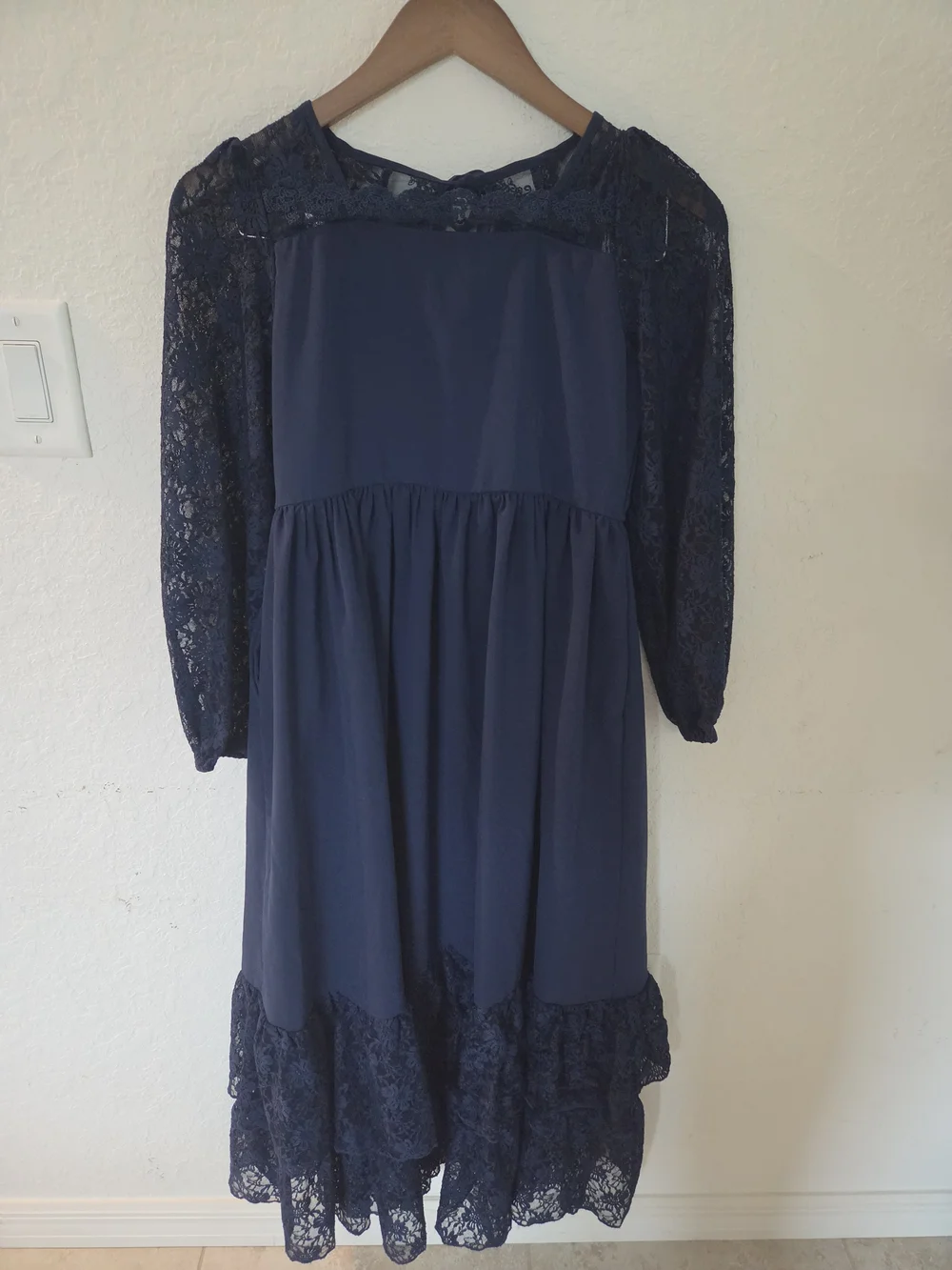 Girls XL Navy Blue Lace Overlay Dress Long Sleeve Tiered Ruffle Hem Whimsigoth